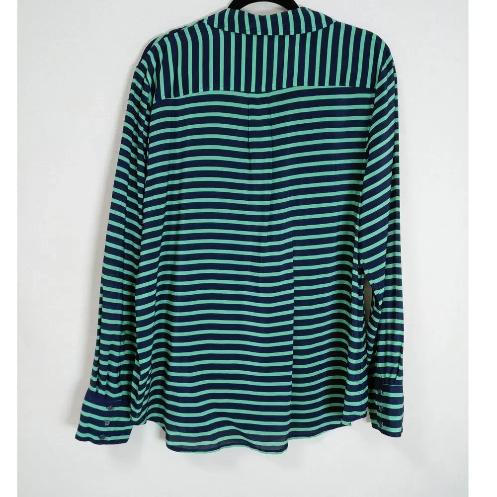 J.Crew 100% Silk Green Lightweight Striped Button-Up Shirt Women Size XL